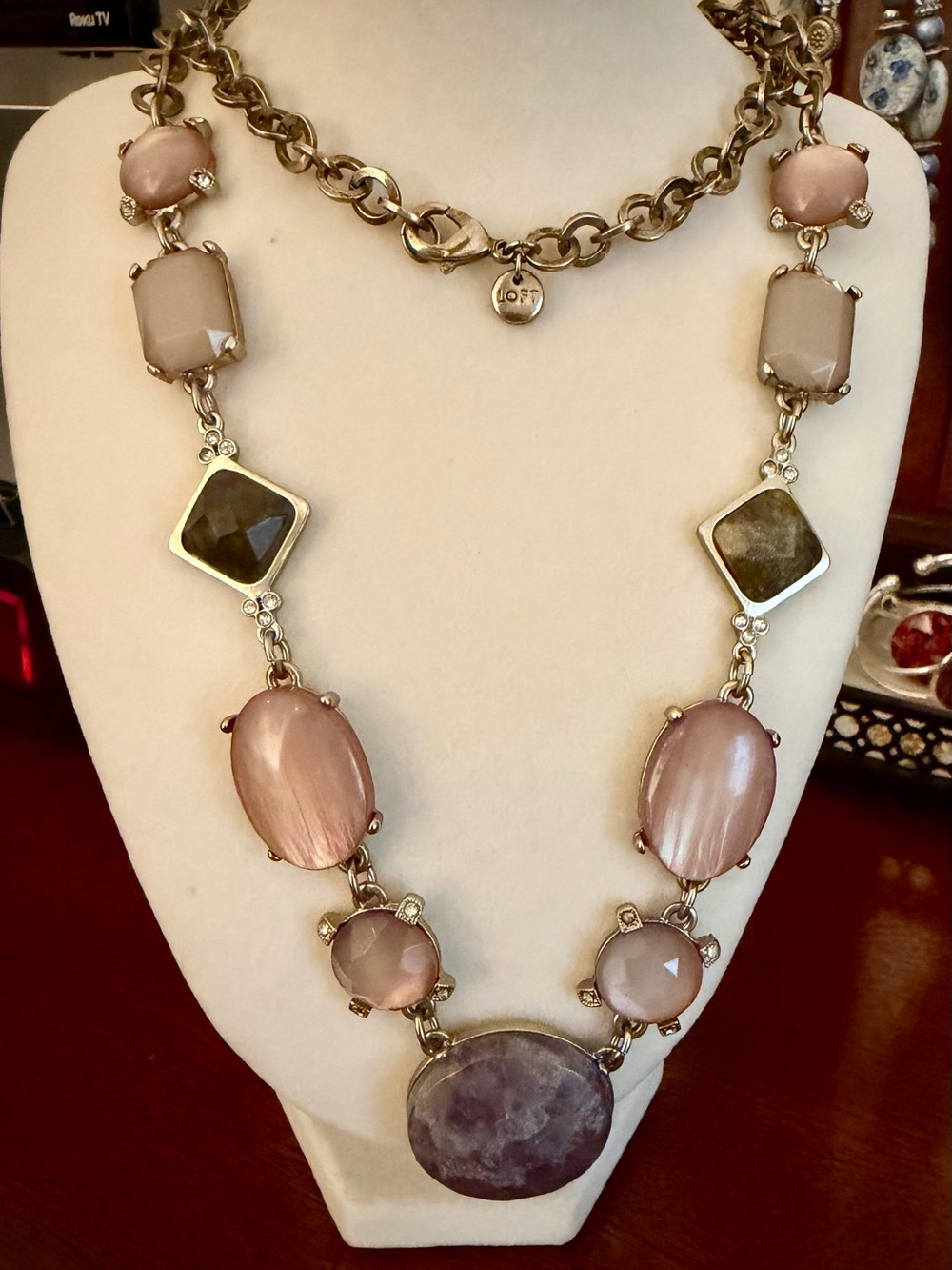 LOFT Blush Pink and Gray Mixed Stone Statement Necklace
